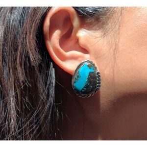 Navajo Earrings Handmade Native American Boulder Turquoise Silver Jewelry **